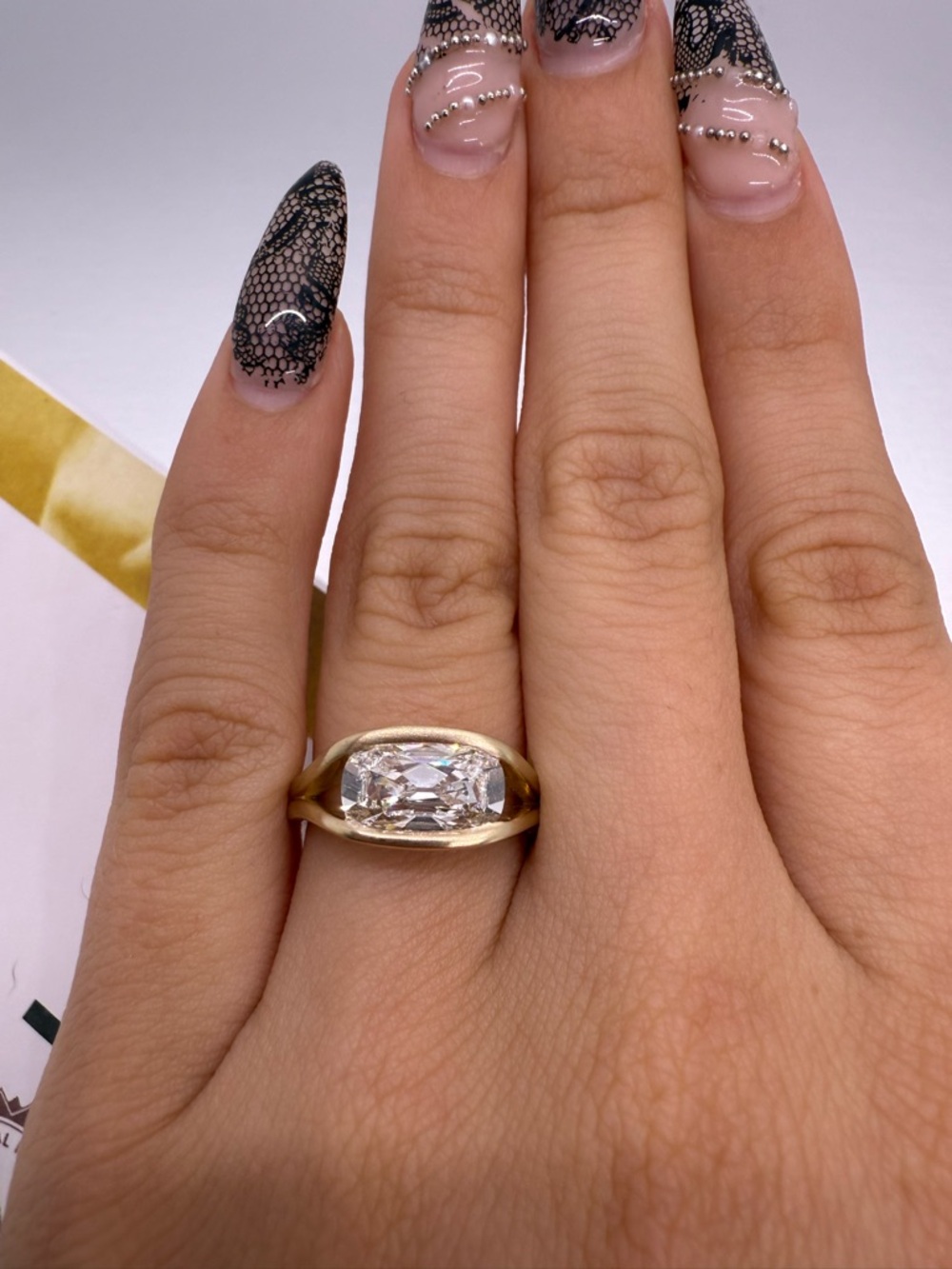1.67 carat E VS2 antique inspired elongated old mine east west engagement ring